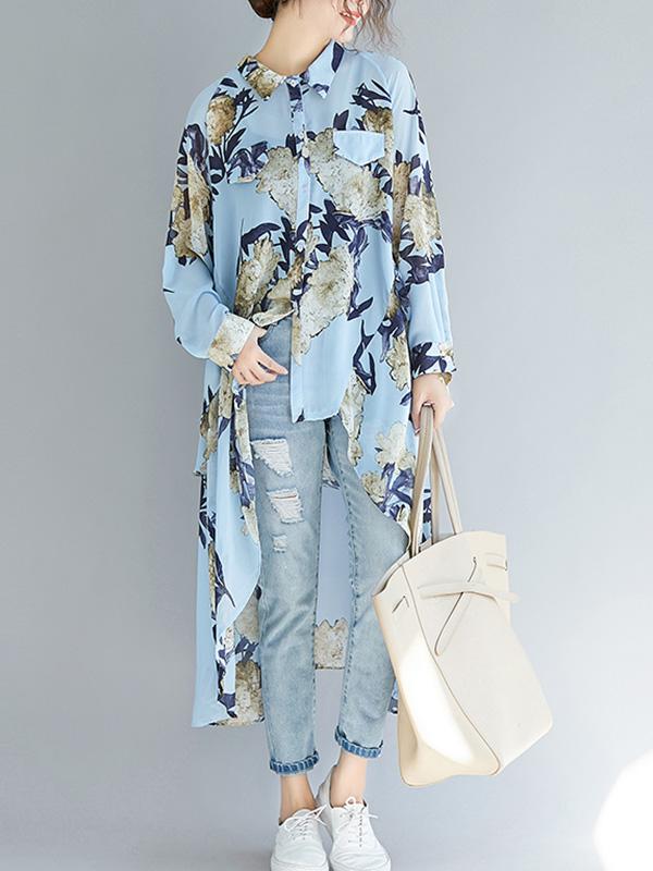 Loose Cropped Flower Printed Long Shirt