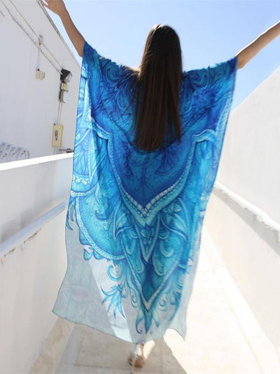 Blue-white Super Loose Printed Beach Cover-ups