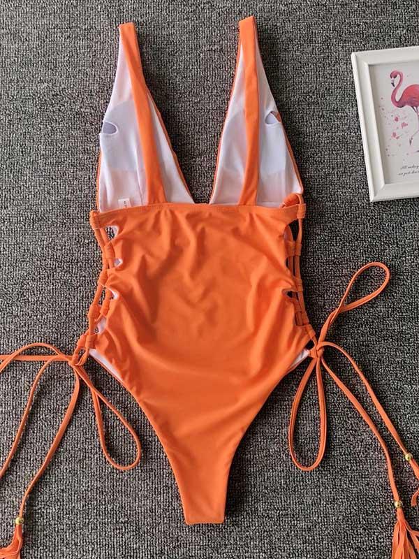 Plain Plunging Lace Up One-piece Swimsuit