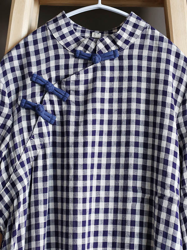 Original Plaid Half Sleeve Stand Collar Long Cheongsams