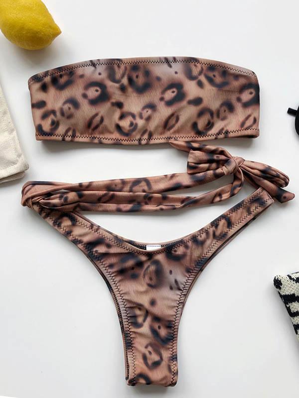 Leopard-Print Bandage Split Bikini Swimsuit