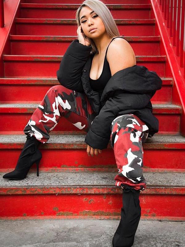 Plus Size Red Grey Camouflage Printed Track Pants