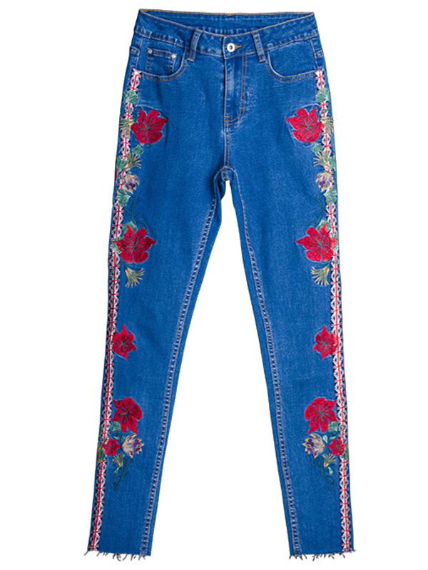 Embroidered Elastic Jeans Pants Bottoms