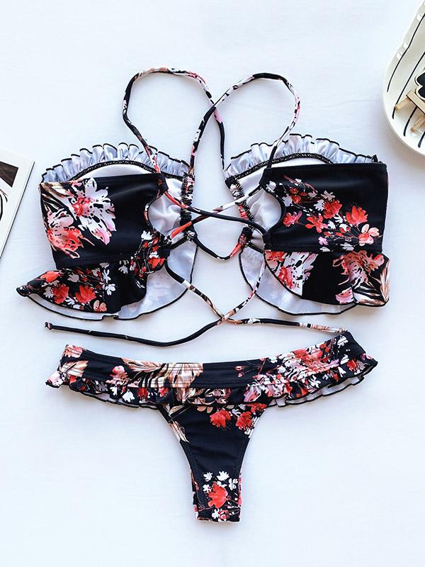 Floral-Print Falbala Split Bikini Swimsuit