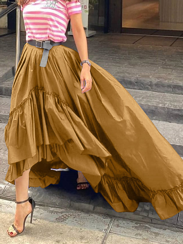 Stylish Solid Color Falbala Pleated Elasticity High-Low Long Skirt