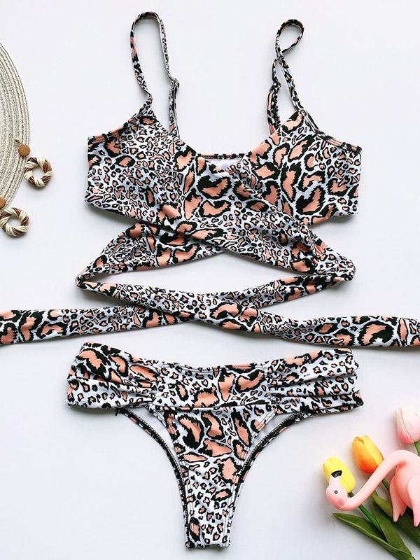 Leopard Print Lace-Up Bikini Swimsuit