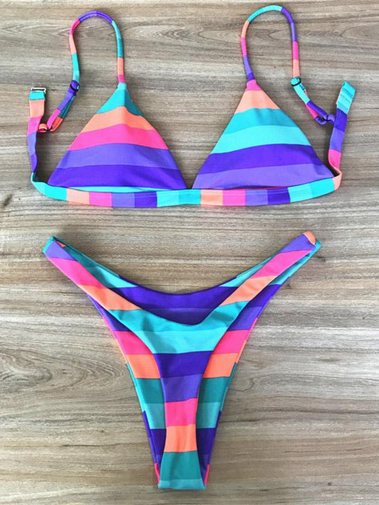 Sexy Spaghetti-Neck Color Stripe Split Type Bikini Swimsuit