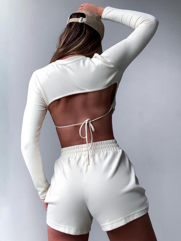 Solid Color Long Sleeves Backless Tees&Shorts Suits