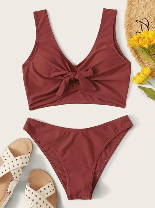 Solid Color Knotted Split Bikini Swimsuit