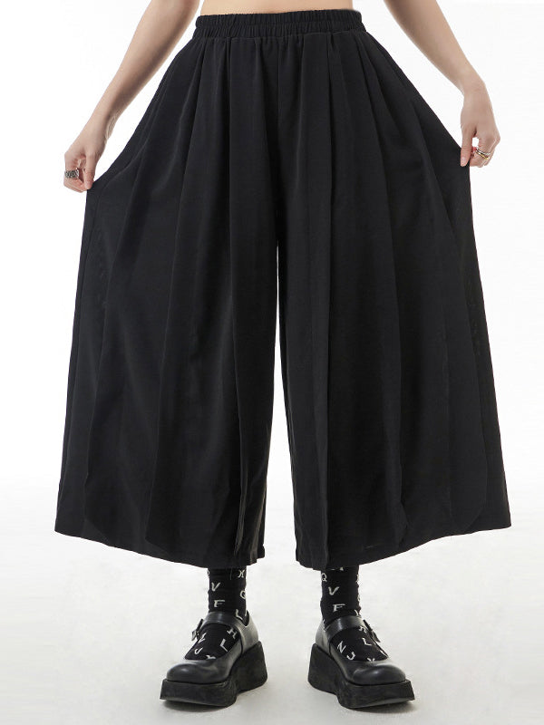 Casual Elasticity Waisted Solid Color Wide Leg Pleated Pants