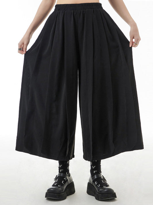 Casual Elasticity Waisted Solid Color Wide Leg Pleated Pants