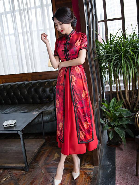 Two Pieces Red Ao Dai Long Cheongsam