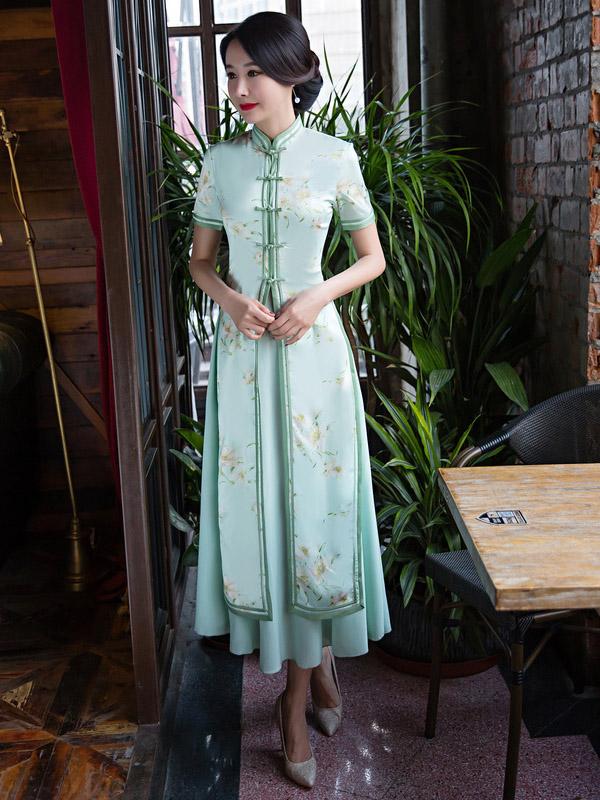 Light Green Two Pieces Ao Dai Long Cheongsam