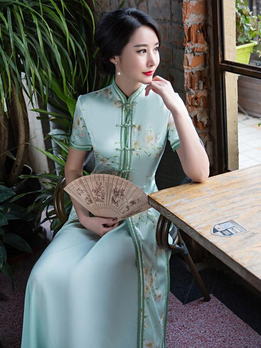 Light Green Two Pieces Ao Dai Long Cheongsam