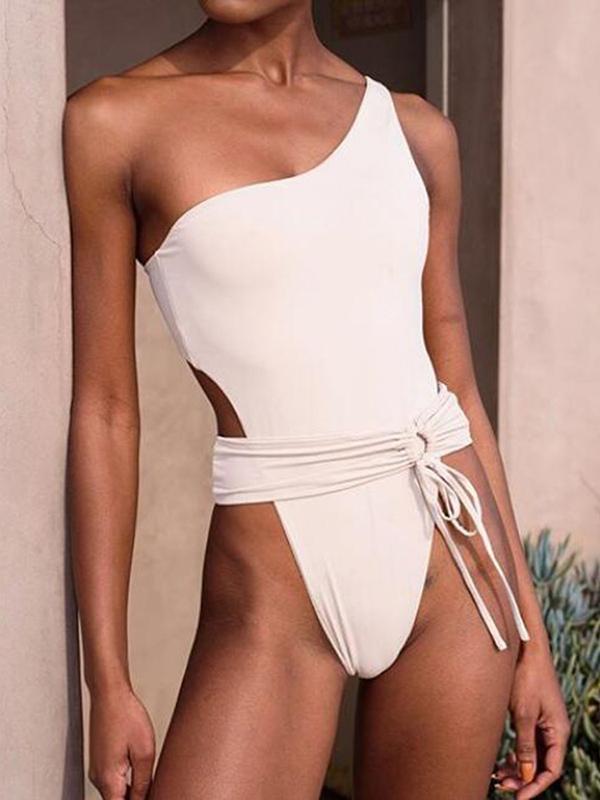 Solid Color One-Shoulder One-Piece Swimsuit