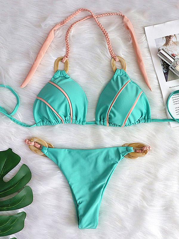 Embellished Triangles Bandage Split Bikini Swimsuit