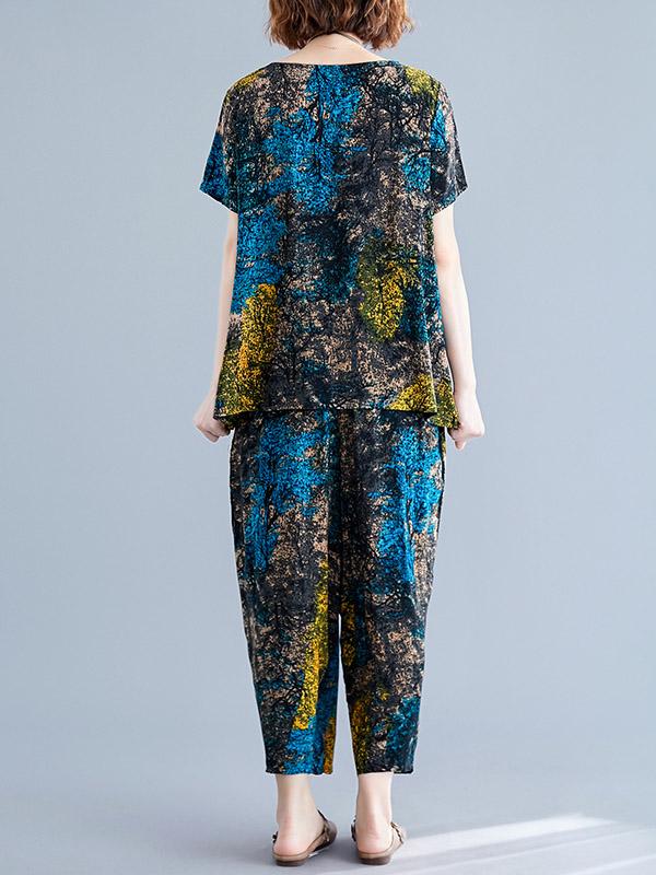 Loose Printed T-Shirt + Harem Pants Suit