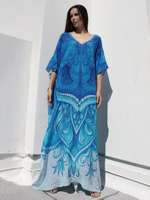 Blue-white Super Loose Printed Beach Cover-ups