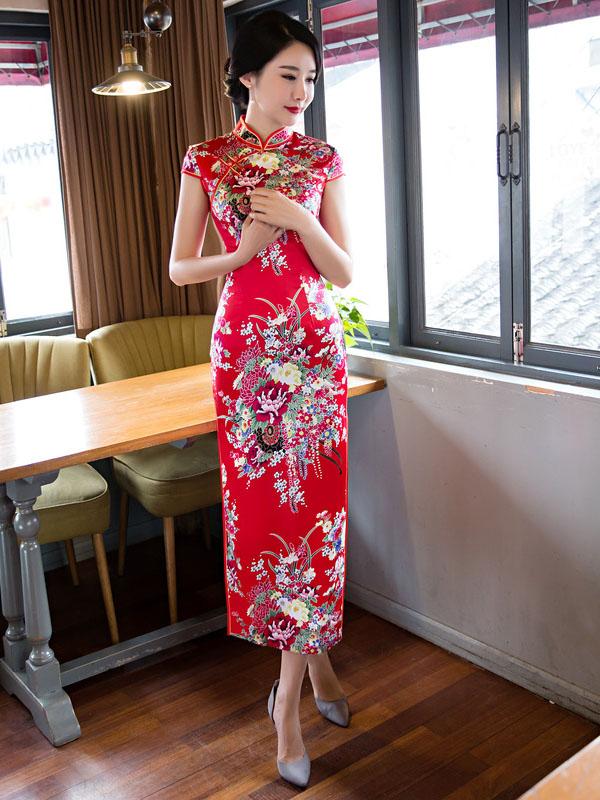 Blue&Red Floral Stand-collar Long Cheongsam