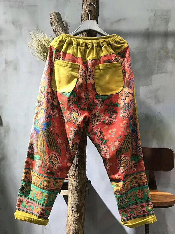 National Floral Print Split-joint Harem Pants