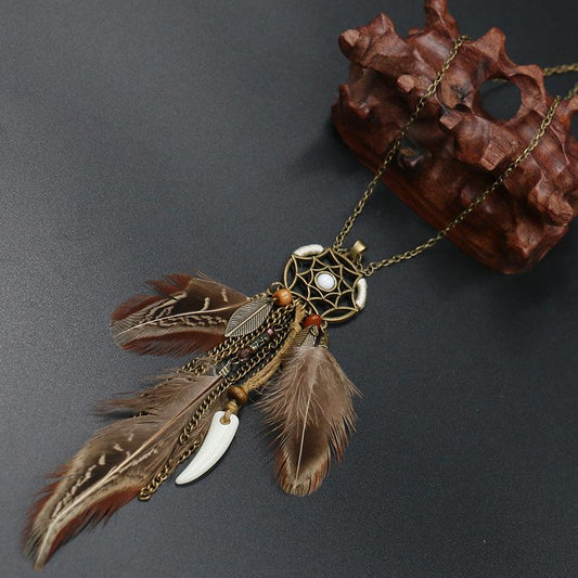 fashion retro hollow feather decoration pendant horn tassel Necklace