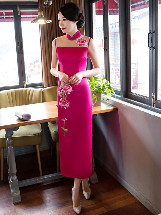 Yellow&Fuschia Hollow Embroidered Stand-collar Long Cheongsam