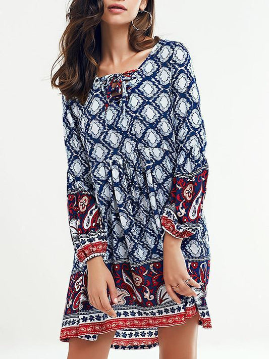 Beautiful Blue Bohemia Long Sleeve Round Neck Beach Mini Dress