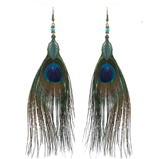 Feather earrings personality peacock hair tassel pendant retro earrings