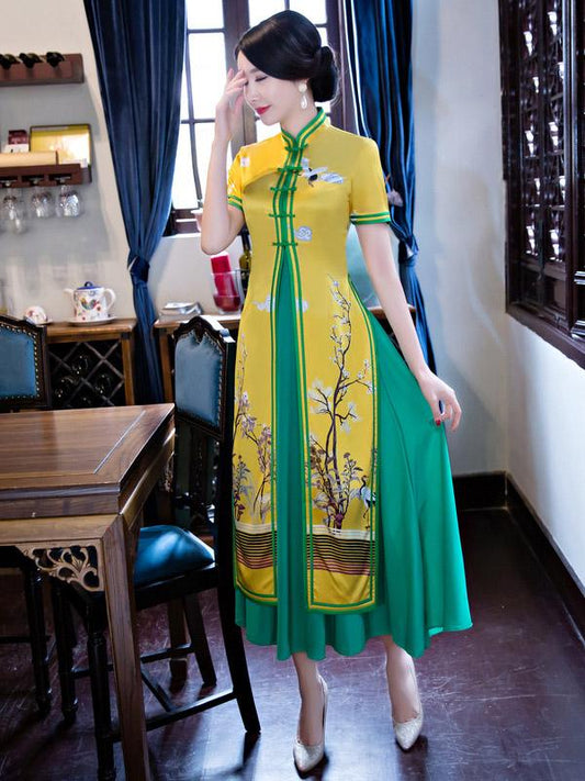 Two Pieces Yellow&Pink Ao Dai Long Cheongsam