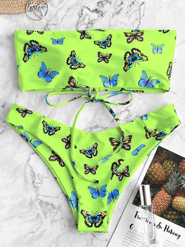 Floral-Print Bandeau Bandage Split Bikini Swimsuit