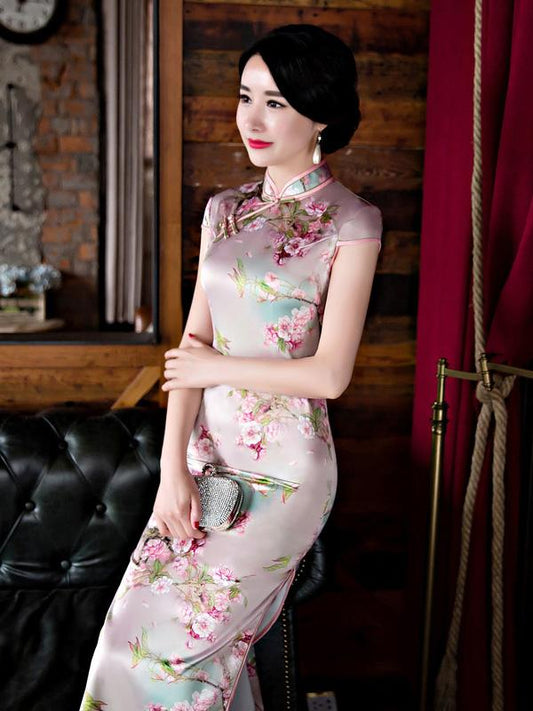 Blossom Stand Collar Long Cheongsam Dress