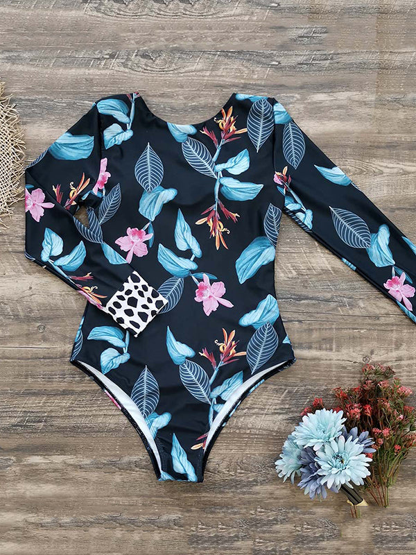 Flower&Leaves Print Long Sleeves One-Piece Wetsuit