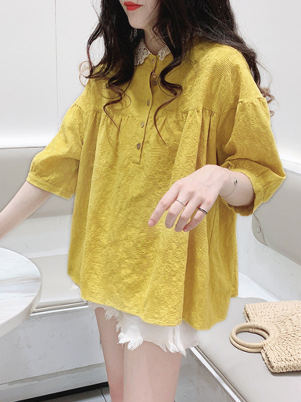 Casual Lace Ramie Cotton Embroidered Split-Joint Round Neck T-Shirt