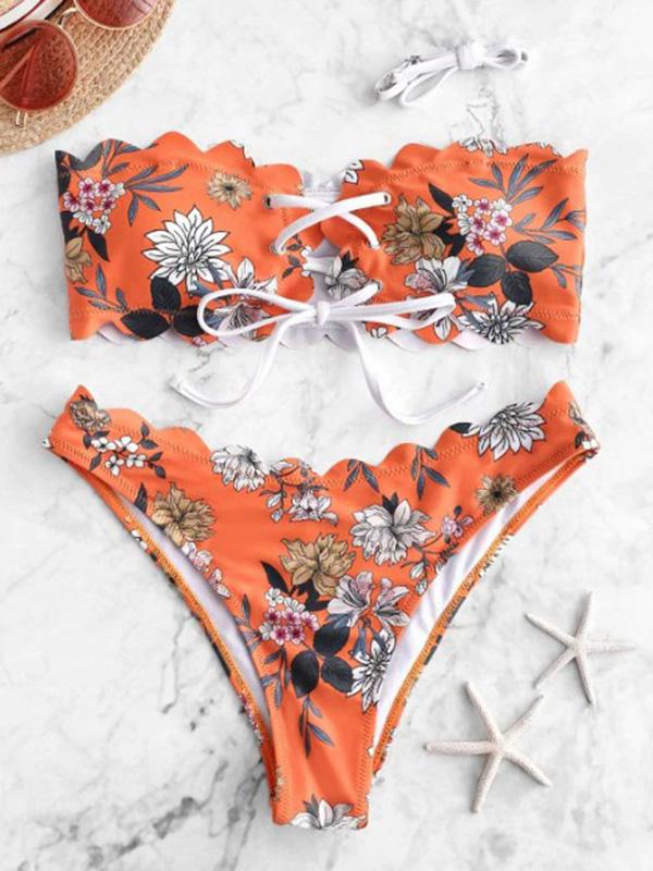 Sexy Strapless Cut Lace Bandage Split Type Bikini Swimsuit