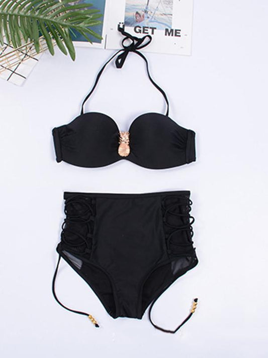 Sexy Strapless Bandage Metal Ornaments Split Type Bikini Swimsuit