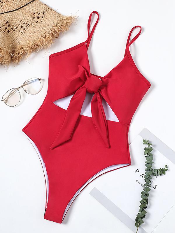 Printed Spaghetti-neck Knot One-piece Swimsuit