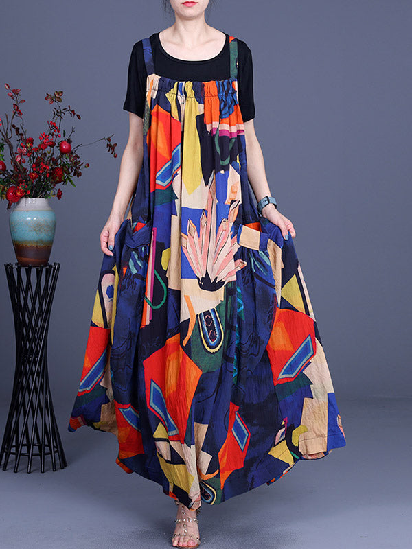 Original Two Pieces Printing Sleeveless Suspender Dress+T-Shirts Sets