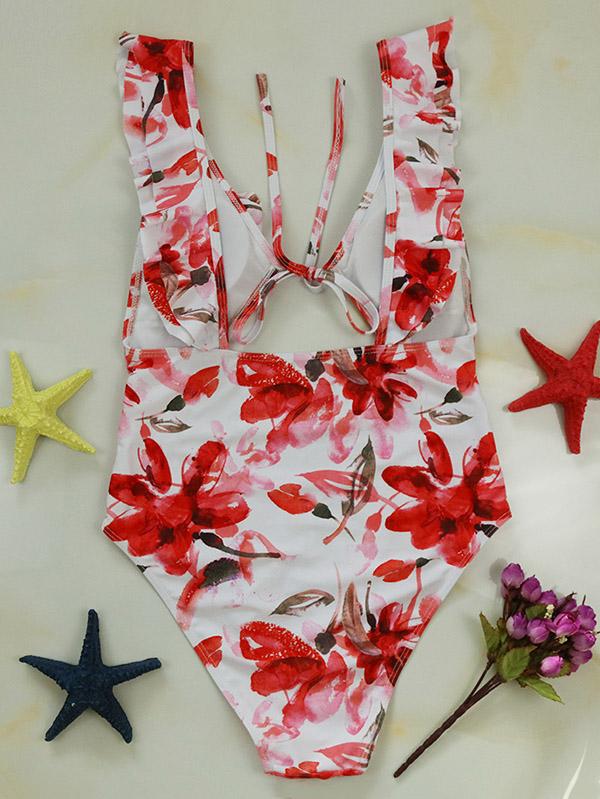 Floral-Print Falbala One-Piece Swimwear