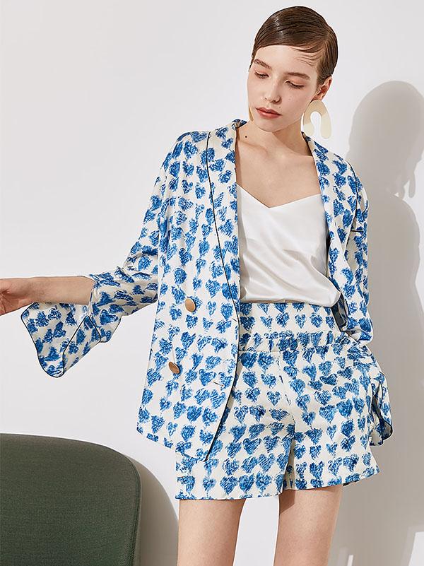 Loose Printed Double-breasted Tops + Wide Leg Shorts Suit