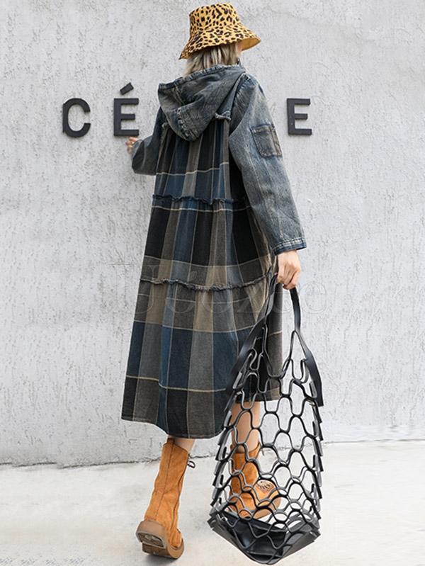 Vintage Plaid Split-joint Hoodie Midi Dress