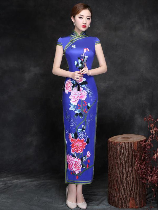 Elegant Blue Peony Print Short Cheongsam Dress