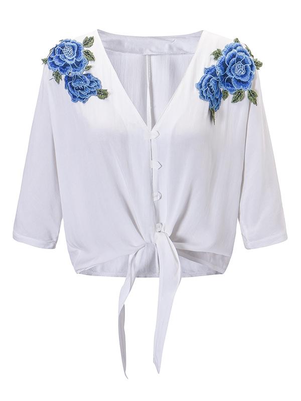 Blue Applique Single Breasted Blouses&Shirts Tops