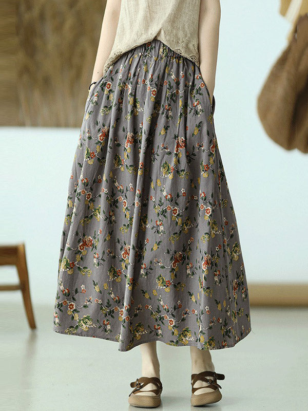 Stylish Ramie Cotton Floral Printed Loose A-Line Skirts