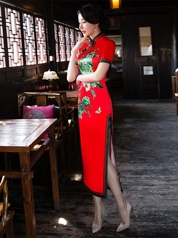 Red Peony Flower Side Split Long Cheongsam