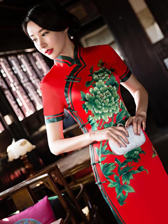 Red Peony Flower Side Split Long Cheongsam