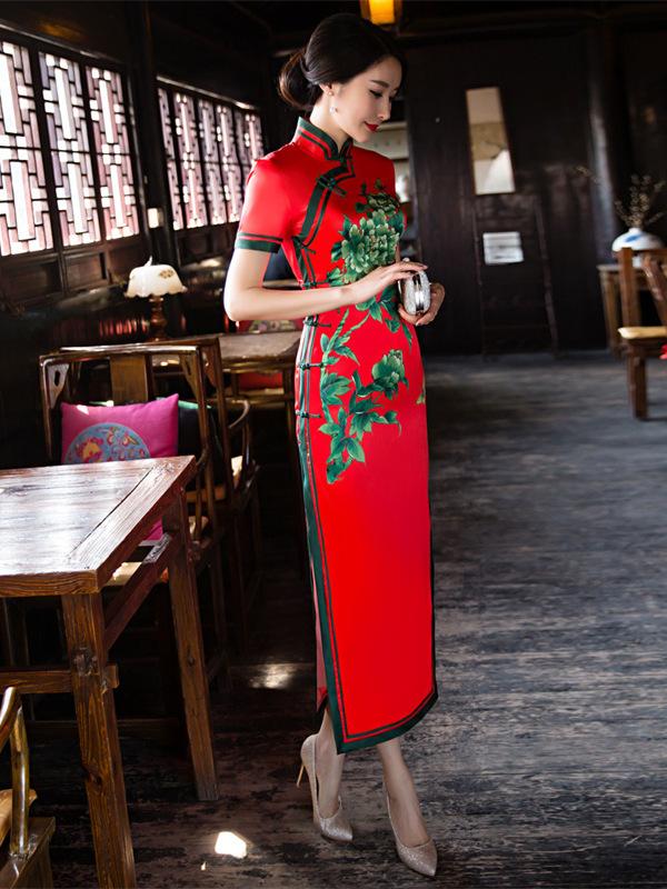 Red Peony Flower Side Split Long Cheongsam