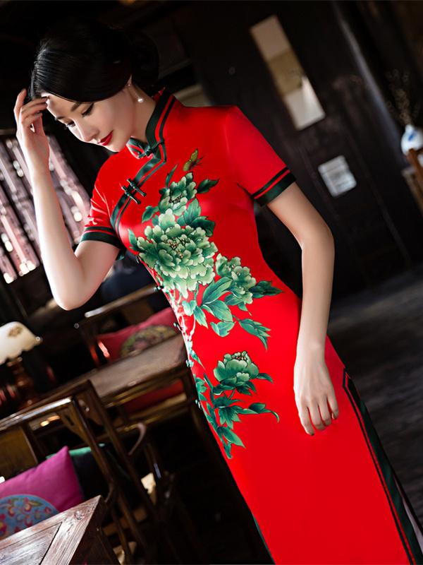 Red Peony Flower Side Split Long Cheongsam