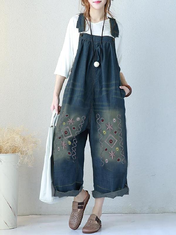 Loose Denim Embroidered Wide Leg Jumpsuit