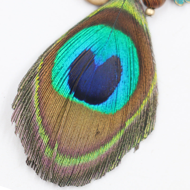 Peacock feather wool bead earrings