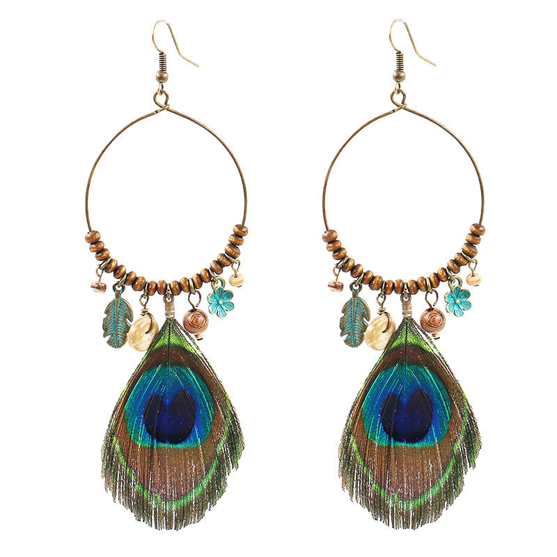 Peacock feather wool bead earrings